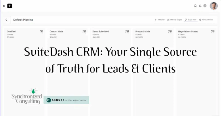 Screenshot of SuiteDash CRM deals pipeline showing lead stages.