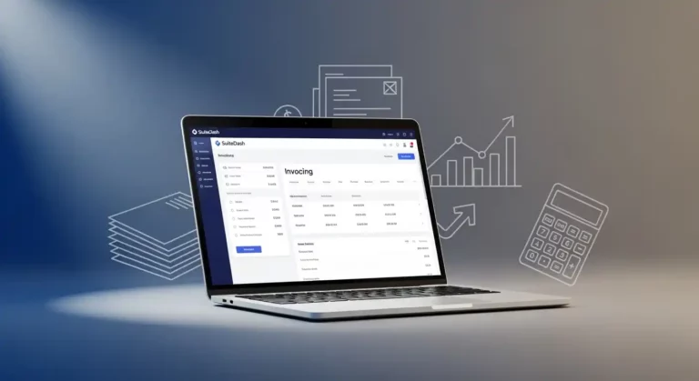 SuiteDash invoicing dashboard with features like recurring billing, client portal integration, and invoice customization options.