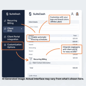 SuiteDash invoicing dashboard with features like recurring billing, client portal integration, and invoice customization options.